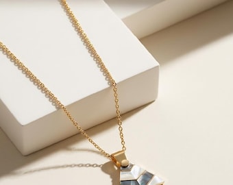 Handcrafted Mother of Pearl Mosaic Pendant Necklace – Brass Chain Statement Jewelry