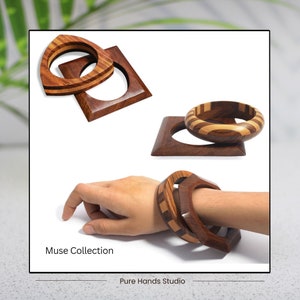 Handmade Sissoo & Teak Wood Bangle Bracelet Set - Geometric Design