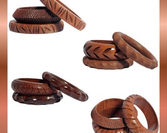 Handcrafted Sisso Wood Bangle Set • Carved Rustic Bracelets