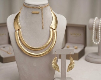 Handmade Hammered Brass Jewelry Set: Necklace & Earrings Set