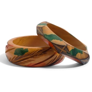 Hand Carved Wooden Bangle: 1940s Style Smoked Teak Palm Leaf Design