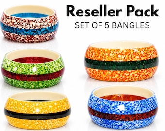 Reseller Pack Of 5 - Resin Bangle Set Handmade Color Bracelets Ivorine Base Statement Bangles Multicolor Jewellery Artisan Bangle