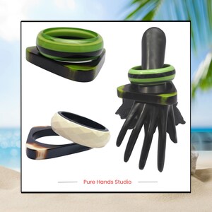 Handmade Antique-Style Resin Bangles Set in Asparagus White & Bud Green with triangular shape and round faceted style, for girls and women.
