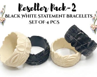 Reseller Pack Of 4 Pcs - Hand-Carved Resin Bangle Set – Foliage Design, Bold Colors