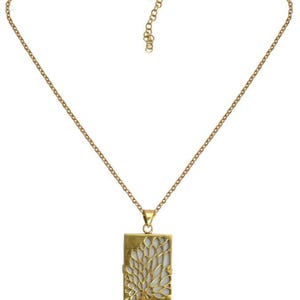 Handmade Artisanal Brass Pendant Necklace with cut-out  brass designs with back drop of moon white Mother of Pearl Tarnish-Resistant