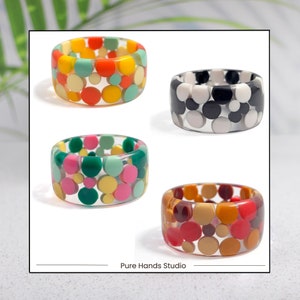 Polka Plus Collection - Handcrafted Straight profile clear Lucite Bangle with Multi-color Polka Dots embedded in the clear Resin
