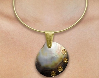 Mother of Pearl Abalone Brass Pendant Necklace: Handmade Statement Shell Jewelry
