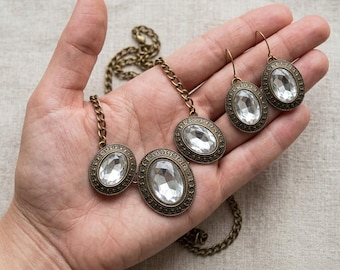 Handmade Brass Jewelry Set: Enamel, Crystal Necklace & Earrings - Auric Legends