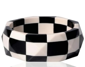 Handmade Resin Bangle Set: Chessboard Design, Faceted, Colorful Stackable Bracelet