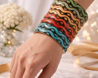 Carved Resin Bangle Set, Brass Base, Colour Reveal Jewellery, Artisan Wrist Bangles