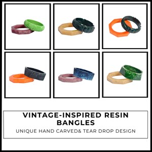 May include: A collection of vintage-inspired resin bangles in various colors, including green, orange, and blue. Some bangles feature unique hand-carved designs. The image showcases a variety of styles and colors, perfect for accessorizing.