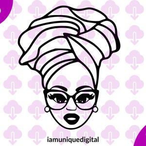 May include: Black and white line art illustration of a woman wearing a turban and glasses. The woman has a bold, expressive face.