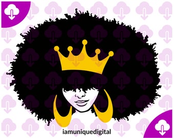 王冠をつけたアフロの女王 SVG、黒人女性 PNG、黒人女王のデジタル ダウンロード、メラニン SVG、ナチュラル ヘア カット ファイル