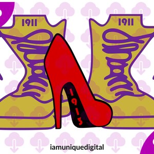May include: A pair of yellow boots with purple laces and the number "1911" on each boot, next to a red high-heeled shoe with the number "1913" on the side.