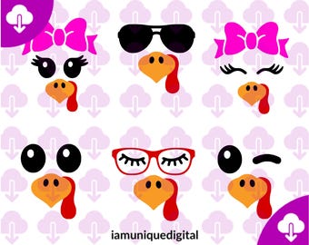 Turkey Face Bundle SVG, Turkey Face SVG, Girl Turkey Face Svg, Thanksgiving Print File, Turkey Face Png, Cricut Svg file Instant download