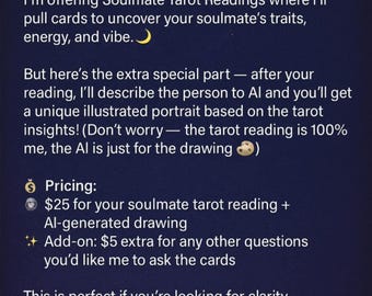 Könnte beinhalten: Dunkelblaues Grafik mit Text: "Find Out Who Your Soulmate Truly Is." Der Text beschreibt Soulmate Tarot Readings, einschließlich eines einzigartigen illustrierten Porträts, das auf Tarot-Einsichten basiert. Kontaktieren Sie uns, um eine Lesung zu buchen.