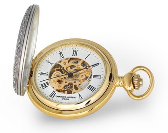 Charles Hubert 2-tone Lion Crest Hunter Case Skeleton Dial Pocket Watch