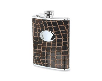 Rebel Steel Brown Faux Croco Leather Stainless Steel 8 ounce Hip Flask with Funnel and Oval Engraving Area
