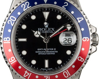 Pre Owned Mens Vintage (1989) Rolex GMT Master II 16710 (42mm) Red/Blue Pepsi Bezel Black Insert Dial Scratch Resistant 2 Year Warranty