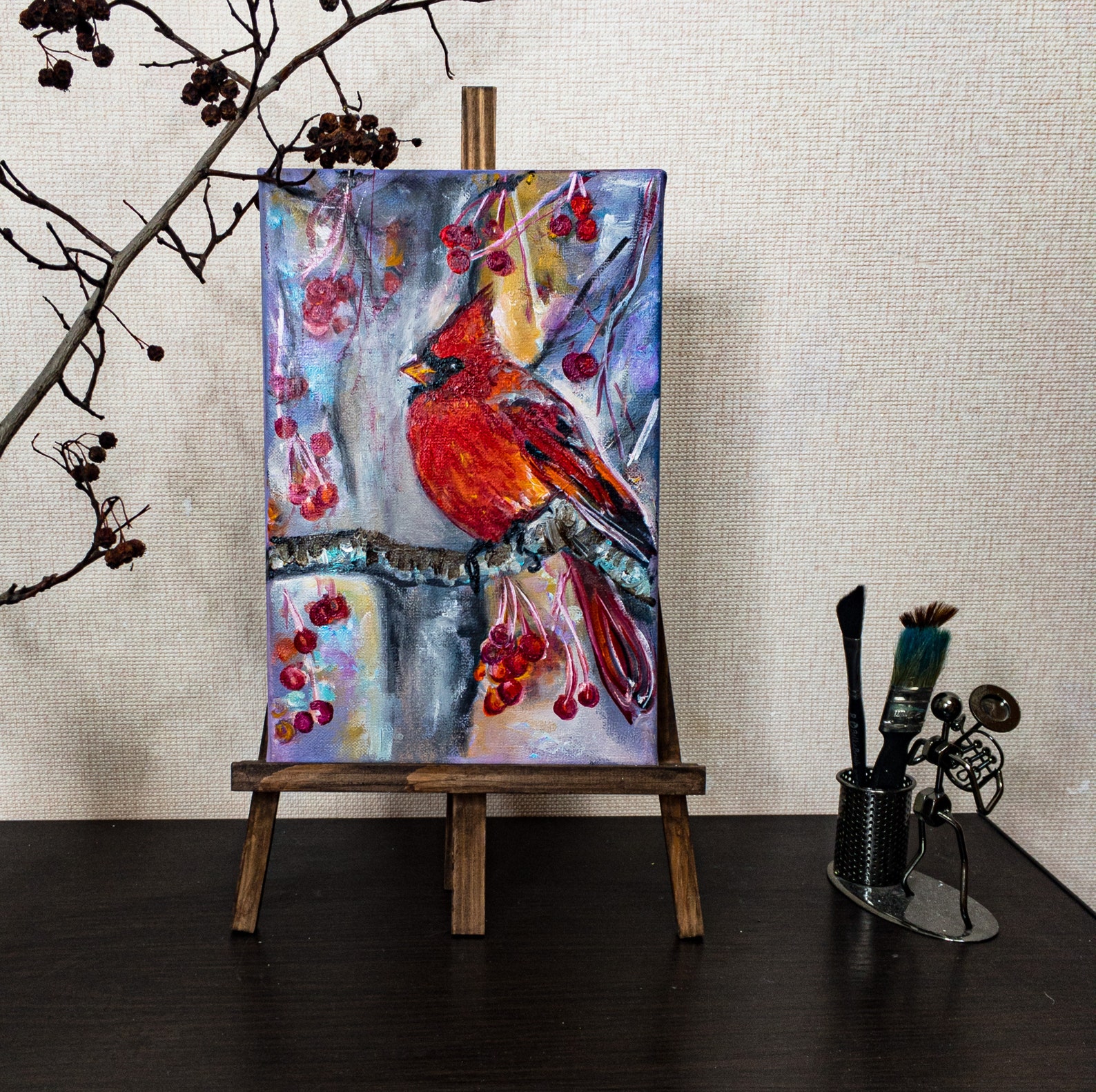 Cardinal Painting Canvas Original Art Red Cardinal Artwork Etsy
