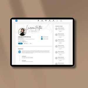May include: A mockup of a LinkedIn profile page on a tablet screen. The profile picture shows a woman with dark hair. The profile name is "Lauren Hilton" and the headline is "Designer". The profile includes a section for experience and a section for people also viewed.