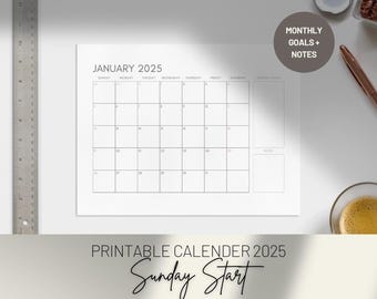 Calendario imprimible 2025 / Planificador 2025 / Calendario minimalista / Calendario mensual / Metas y notas mensuales / Descarga instantánea