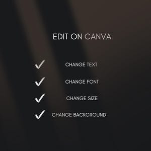 May include: A black and white graphic with the text "EDIT ON CANVA" in white. Four white checkmarks are next to the text "CHANGE TEXT", "CHANGE FONT", "CHANGE SIZE", and "CHANGE BACKGROUND".