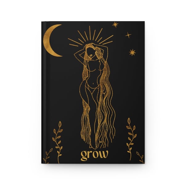 Grow - Personal Growth Journal, Spiritual Growth Notebook, Celestial Goddess, Black & Gold Journal