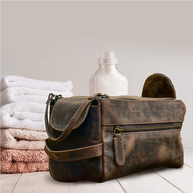Distressed Tan Genuine Buffalo Leather Unisex Toiletry Bag Travel Dopp Kit