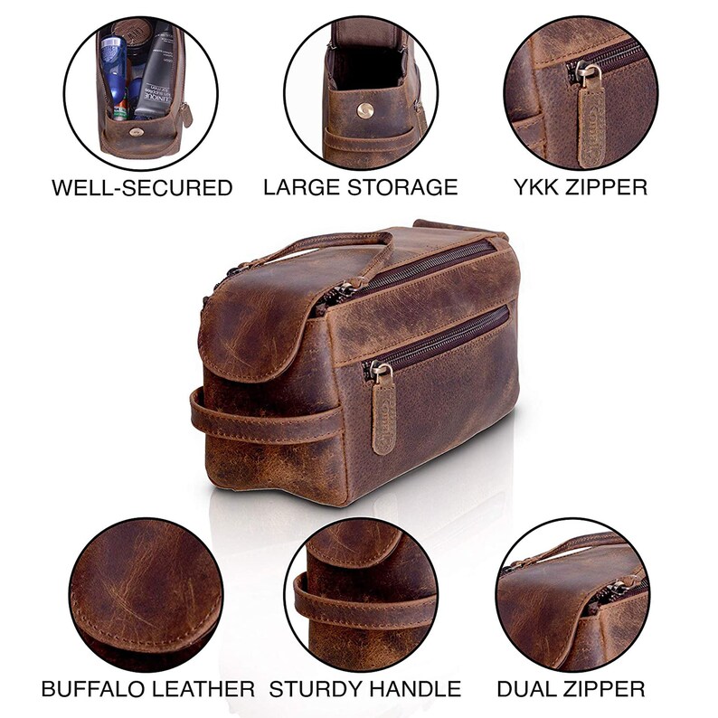 Distressed Tan Genuine Buffalo Leather Unisex Toiletry Bag Travel Dopp Kit
