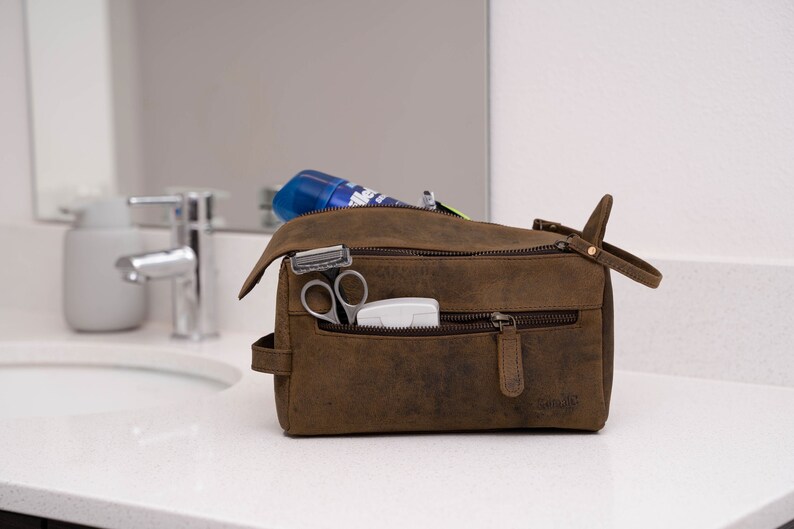 Distressed Tan Genuine Buffalo Leather Unisex Toiletry Bag Travel Dopp Kit