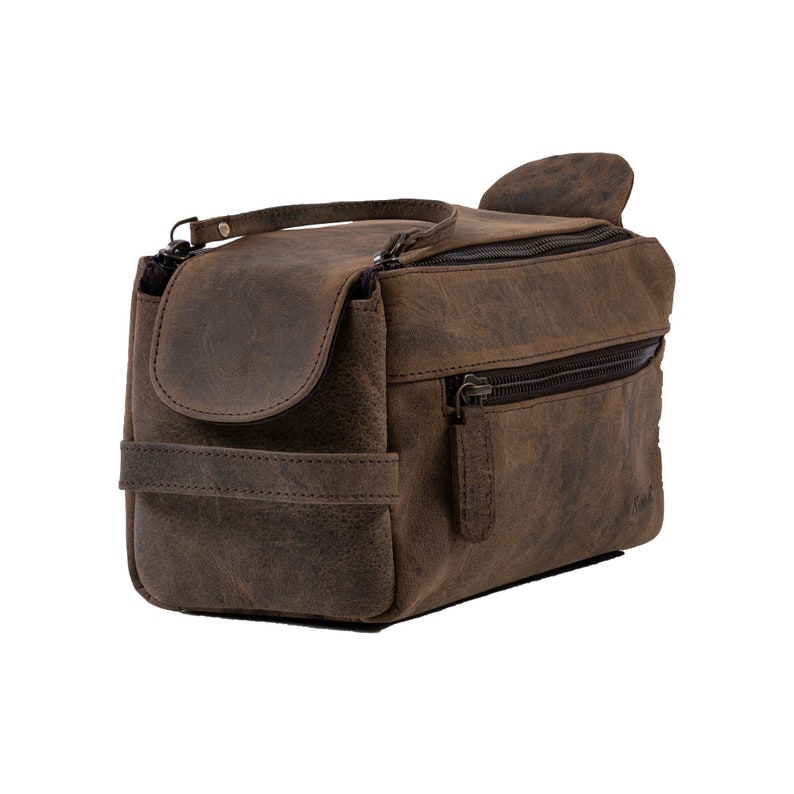 Distressed Tan Genuine Buffalo Leather Unisex Toiletry Bag Travel Dopp Kit