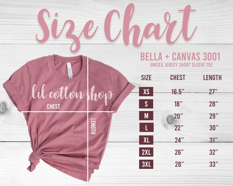 Bella Canvas Size Chart BellaCanvas 3001 Size Chart Bella | Etsy