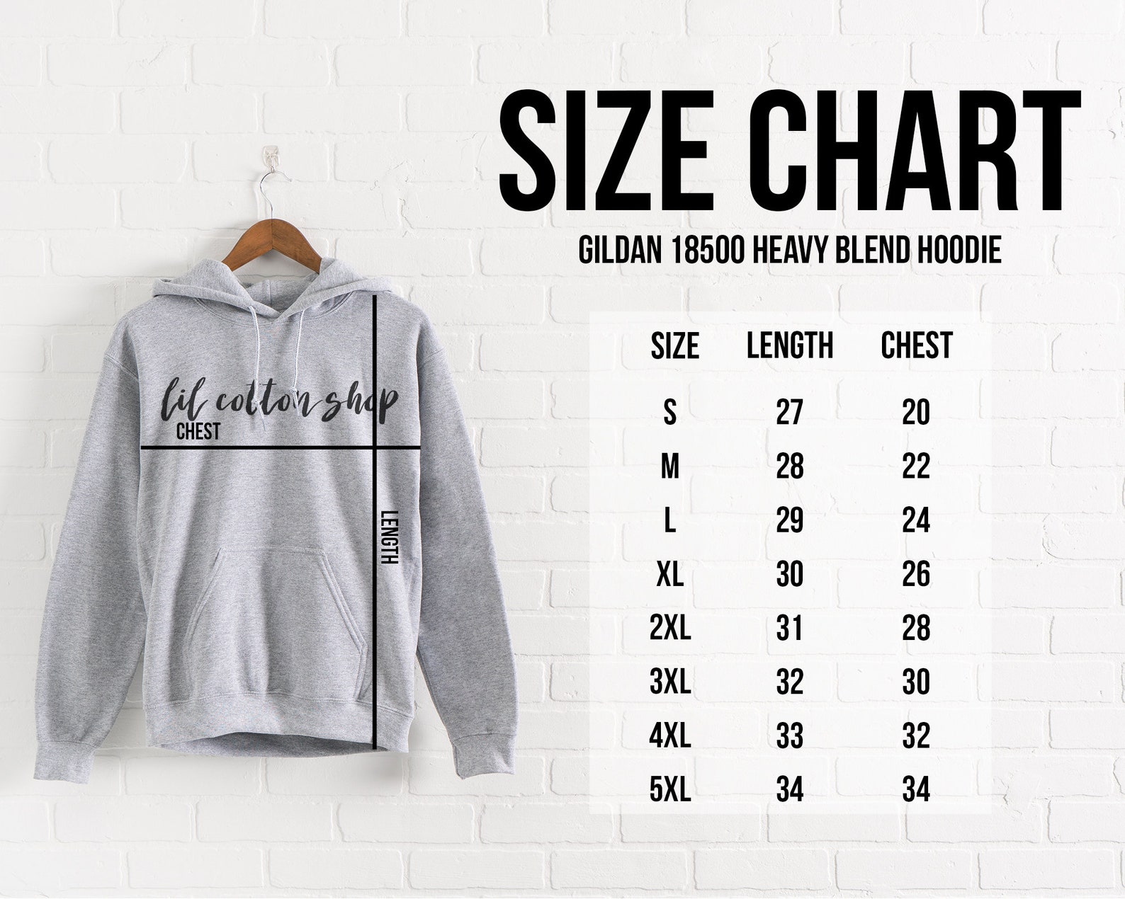 Gildan 18500 Size Chart Mockup, Heavy Blend Hoodie Size Chart, Gildan ...