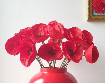 POPPIES in NEPALESE PAPER handcrafted for interior decoration and mottled frame with red chrysanthemum flowers in Nepalese paper