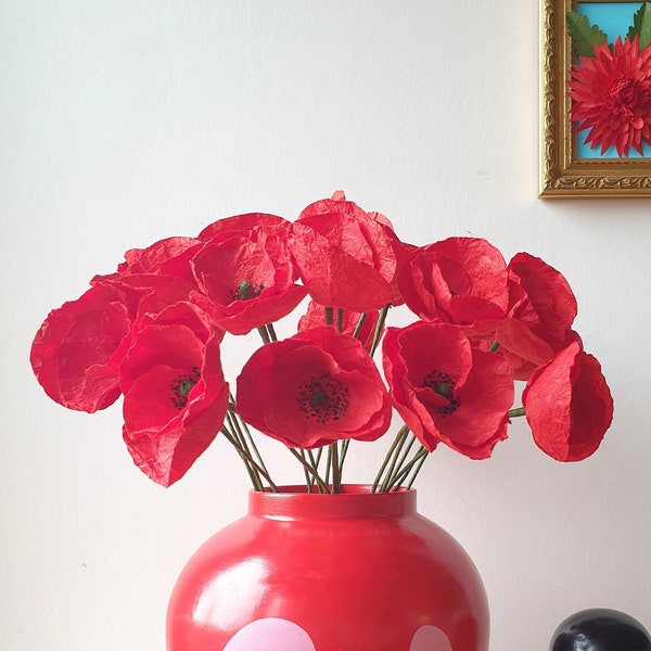 COQUELICOTS en PAPIER NEPALAIS fabriqué à la main pour la décoration intérieure et cadre chiné fleuri chrysanthème rouge en papier népalais