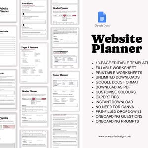 Puede incluir: Una plantilla de planificador de sitios web de 13 páginas en formato Google Docs. El documento incluye hojas de trabajo rellenables para el diseño de sitios web, flujos de usuario, planificación de encabezados y pies de página.