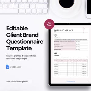 May include: A digital tablet displays a brand questionnaire template with sections for color palette and typography. The text reads "Editable Client Brand Questionnaire Template" with a "Buy Now!" sticker. A keyboard, coffee cup, and phone are also visible.