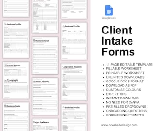 May include: An 11-page editable client intake form template in Google Docs format. The document features black text on white pages with sections for business profile, goals, competitor analysis, color palette, typography, and brand identity.
