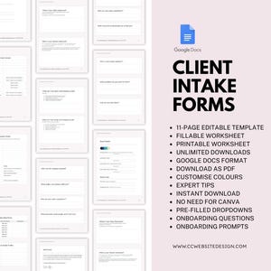 Peut inclure: Image d'un produit numérique présentant des formulaires de prise de contact client blancs sur fond rose clair. Les formulaires sont conçus pour Google Docs et comprennent des feuilles de calcul remplissables, des options imprimables et des couleurs personnalisables. Le texte indique "Client Intake Forms."