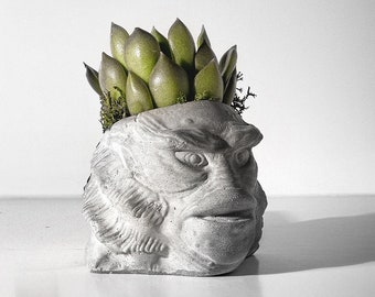 May include: A gray concrete planter shaped like a creature from the black lagoon with a green succulent plant growing out of the top.