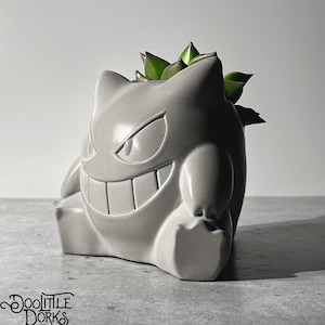 May include: A gray ceramic planter shaped like a Ghost Pokemon character with a green succulent plant growing out of the top.
