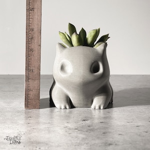Puede incluir: Una maceta de hormig&oacute;n gris con forma de personaje de dibujos animados, que contiene una planta suculenta verde. La maceta mide aproximadamente 10 cm de altura. El logotipo "DooLittle Dorks" es visible en la parte inferior izquierda.