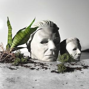 May include: Two white plaster masks, one larger than the other, are sitting on a gray surface. The larger mask has a realistic face with a furrowed brow and a neutral expression. The smaller mask is a more stylized version of the larger mask. Both masks are surrounded by green moss and dirt.