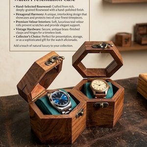 May include: A dual hexagonal watch presentation case made of rosewood with a polished finish. The case features antique brass-finished clasps and hinges, with teal velour interiors holding two wristwatches. Text on the image reads Exquisite Hexagonal Dual Watch Presentation Case.