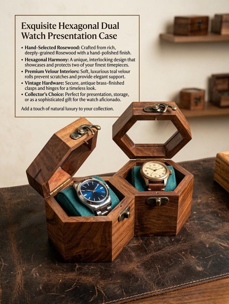 May include: A dual hexagonal watch presentation case made of rosewood with a polished finish. The case features antique brass-finished clasps and hinges, with teal velour interiors holding two wristwatches. Text on the image reads Exquisite Hexagonal Dual Watch Presentation Case.
