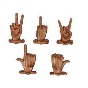 Set of 5 Hand Gesture Decorative Wall Hooks-Peace Sign, Rock On, and Finger Thumbs up & Pointing Finger Gestures Stylish Key or Towel Hanger