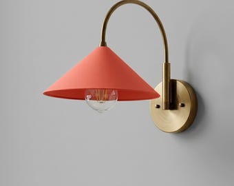 1950's Mid Century Italian Brass Diabolo Sconce, CORAL-RED Finish Lamp