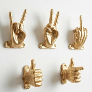 Set of 5 Gold Hand Gesture Wall Hooks - Funny Decorative Coat Hooks, Jewelry Hangers, Unique Home Decor