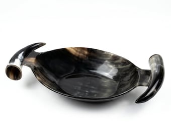 Handcrafted Buffalo Horn Bowl with Dual Horn Handles, Polished Finish, Viking Style Serving Dish Horn Bowl for desk accessory Bowl